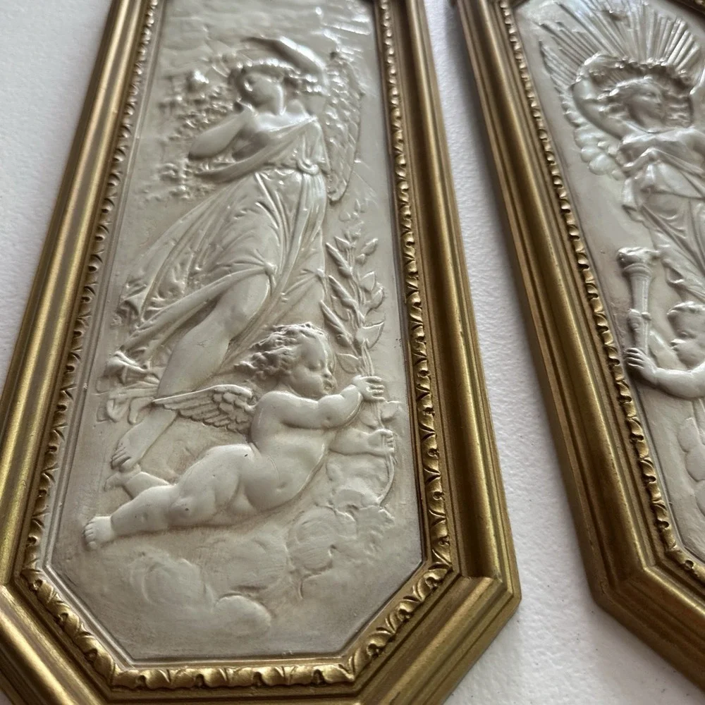 Vintage 1967 Homco Dart Industries Angel Cherub Wall Plaques 7058 7059 Pair USA
